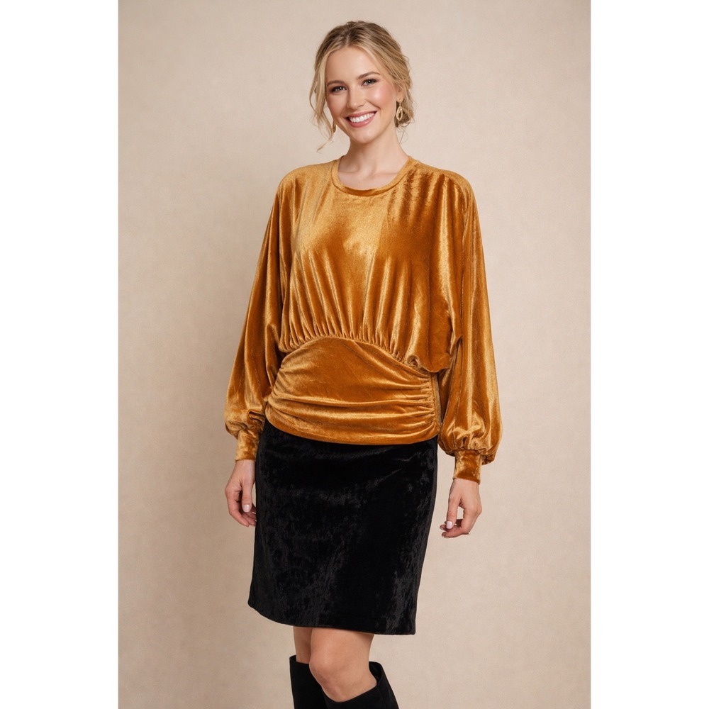 THML Women Mustard Gold Velvet Ruched Empire Waist Dolman Sleeve Top Small
